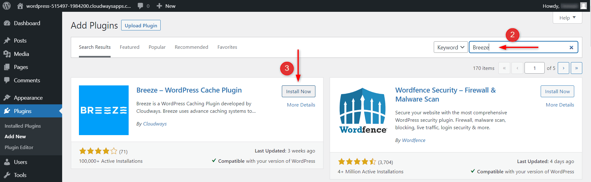 How To Install And Configure Breeze WordPress Cache Plugin : Search for Breeze