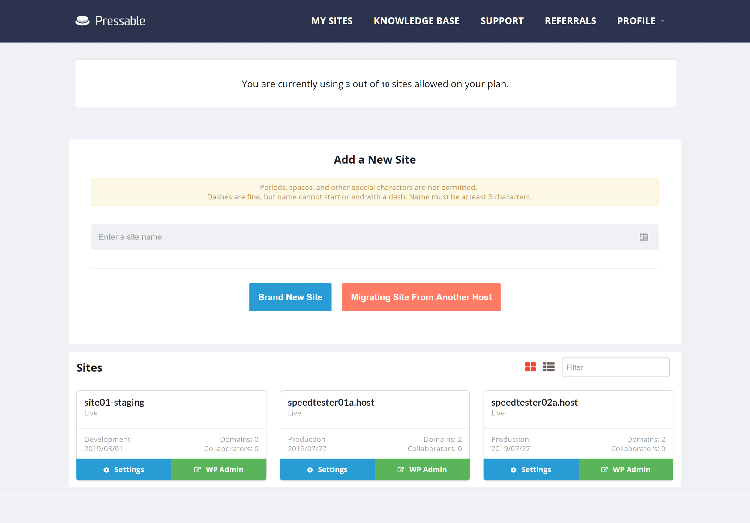 Pressable website and account management