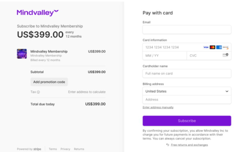 Mindvalley checkout page