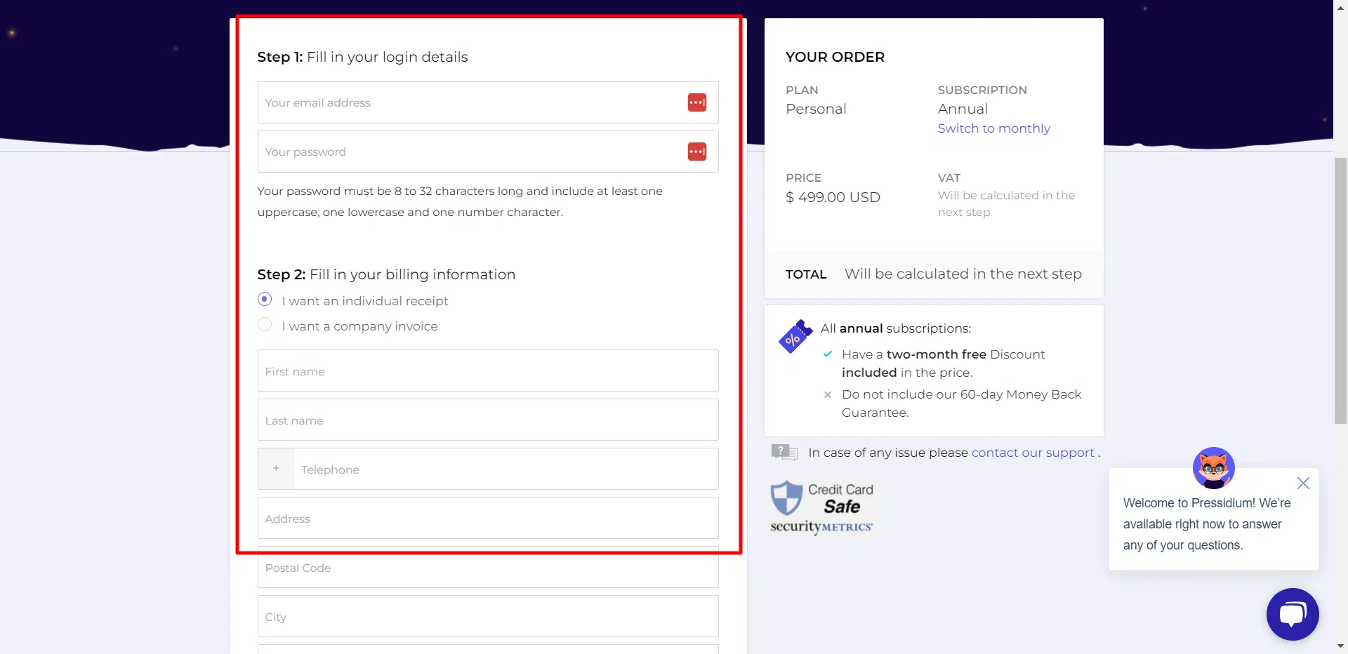 Sign up for pressidium plans