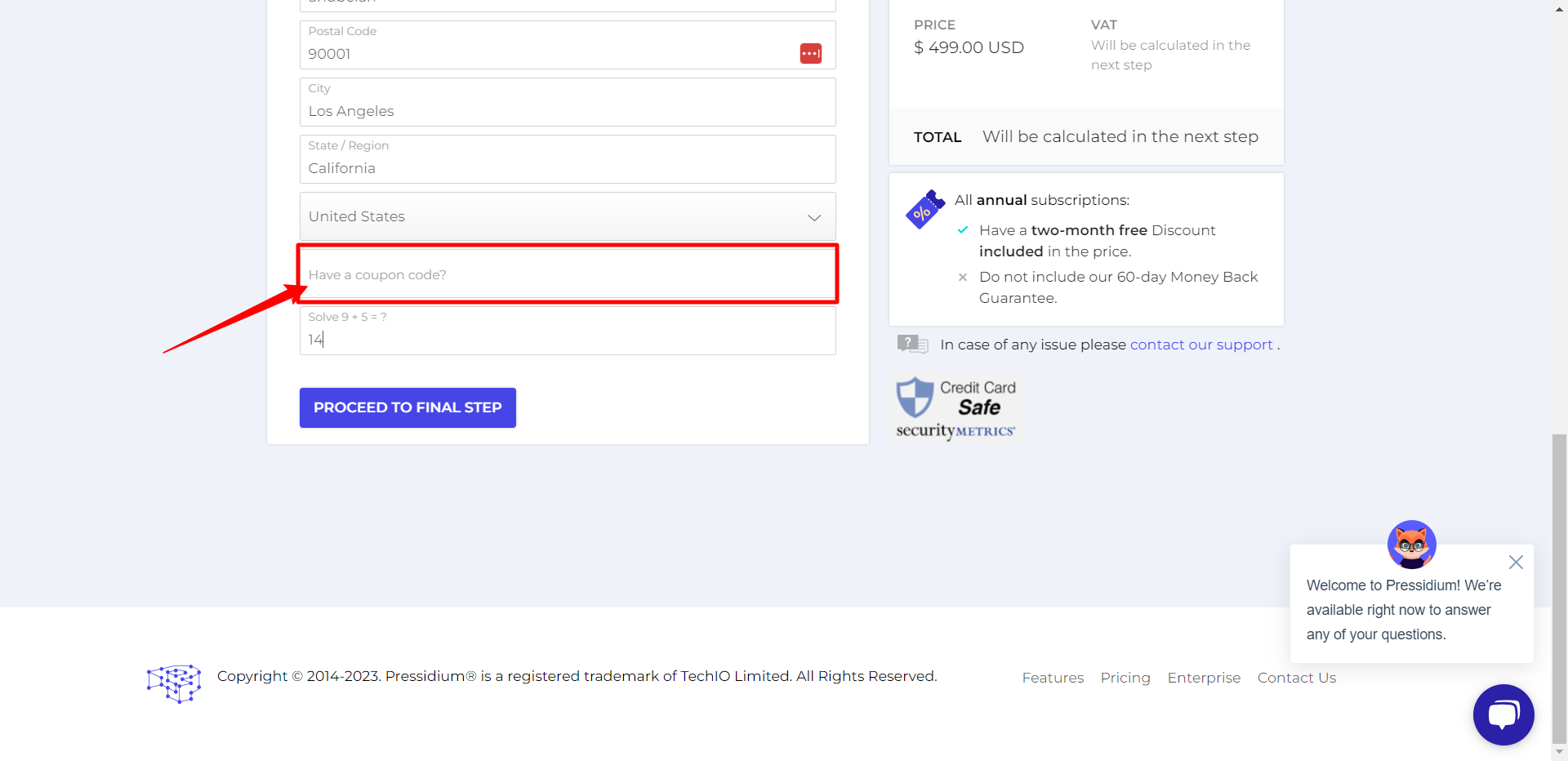 Applying coupons in Pressidium
