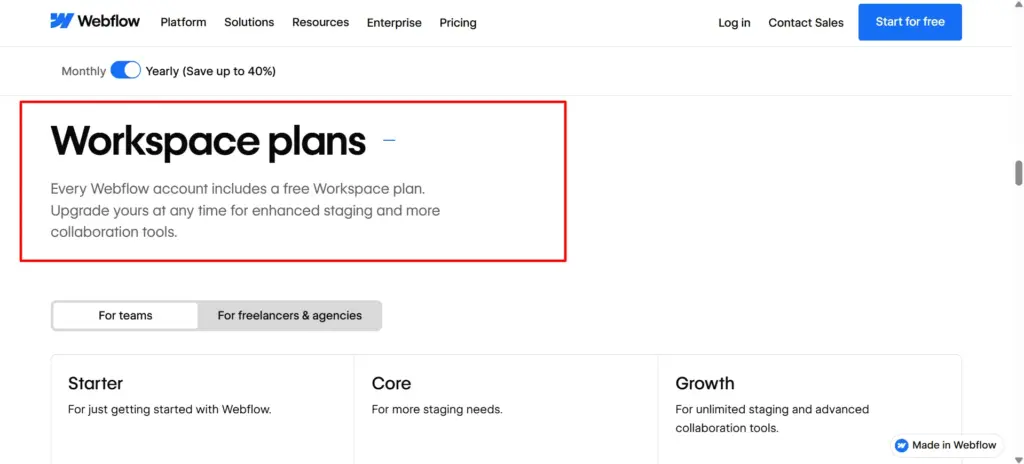 webflow Workspace plan