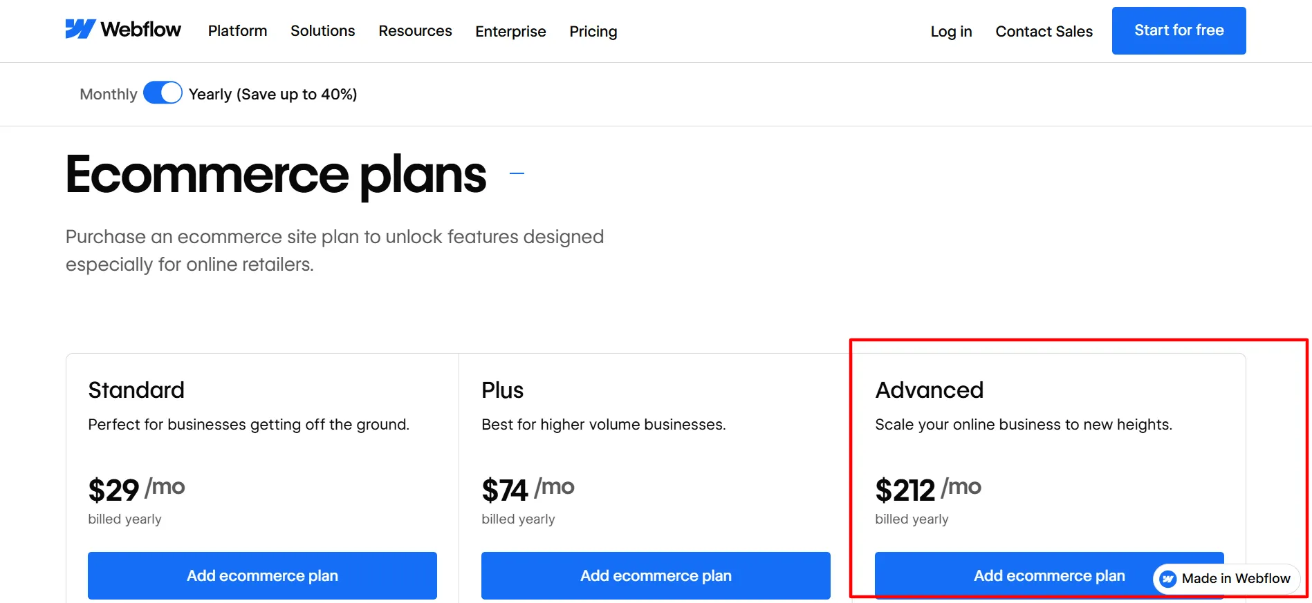 webflow Ecommerce advanced plan
