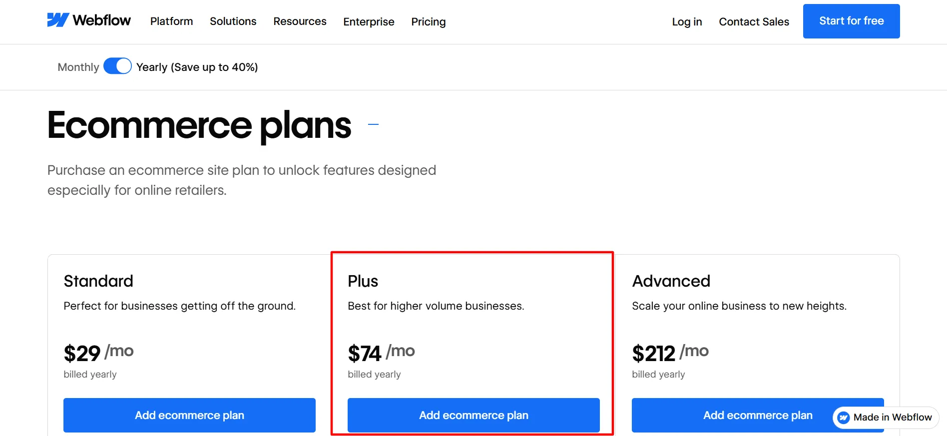 webflow Ecommerce plus plan