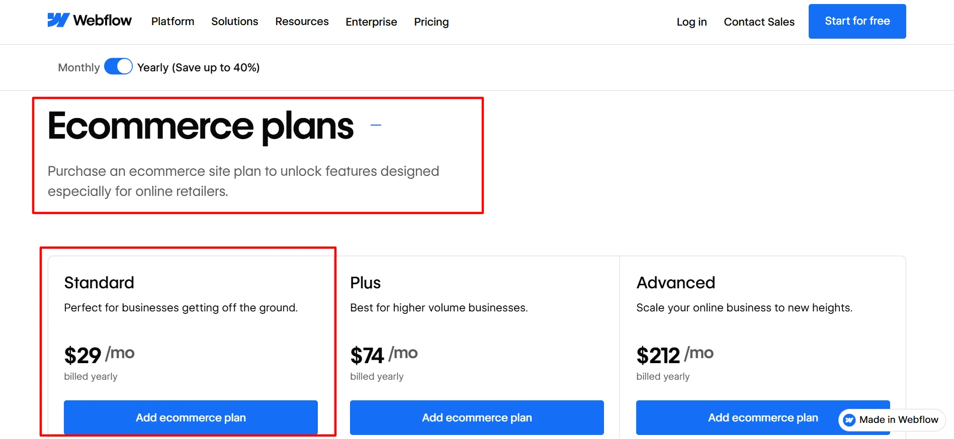 webflow Ecommerce standard plan
