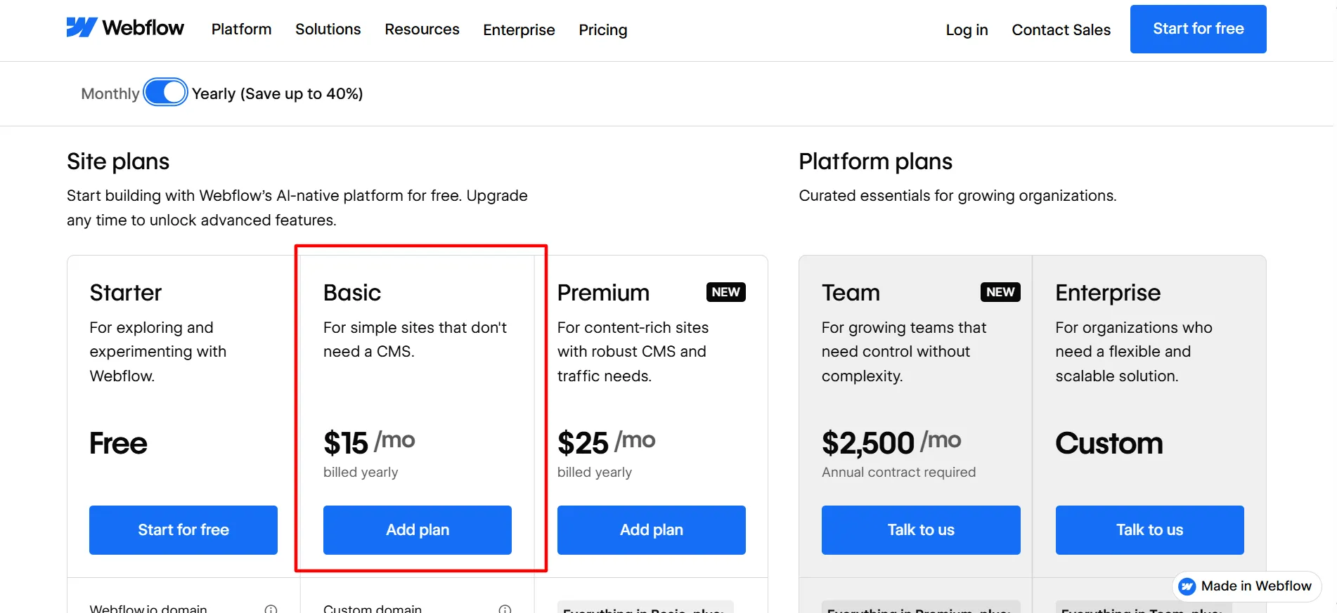 webflow site basic plan