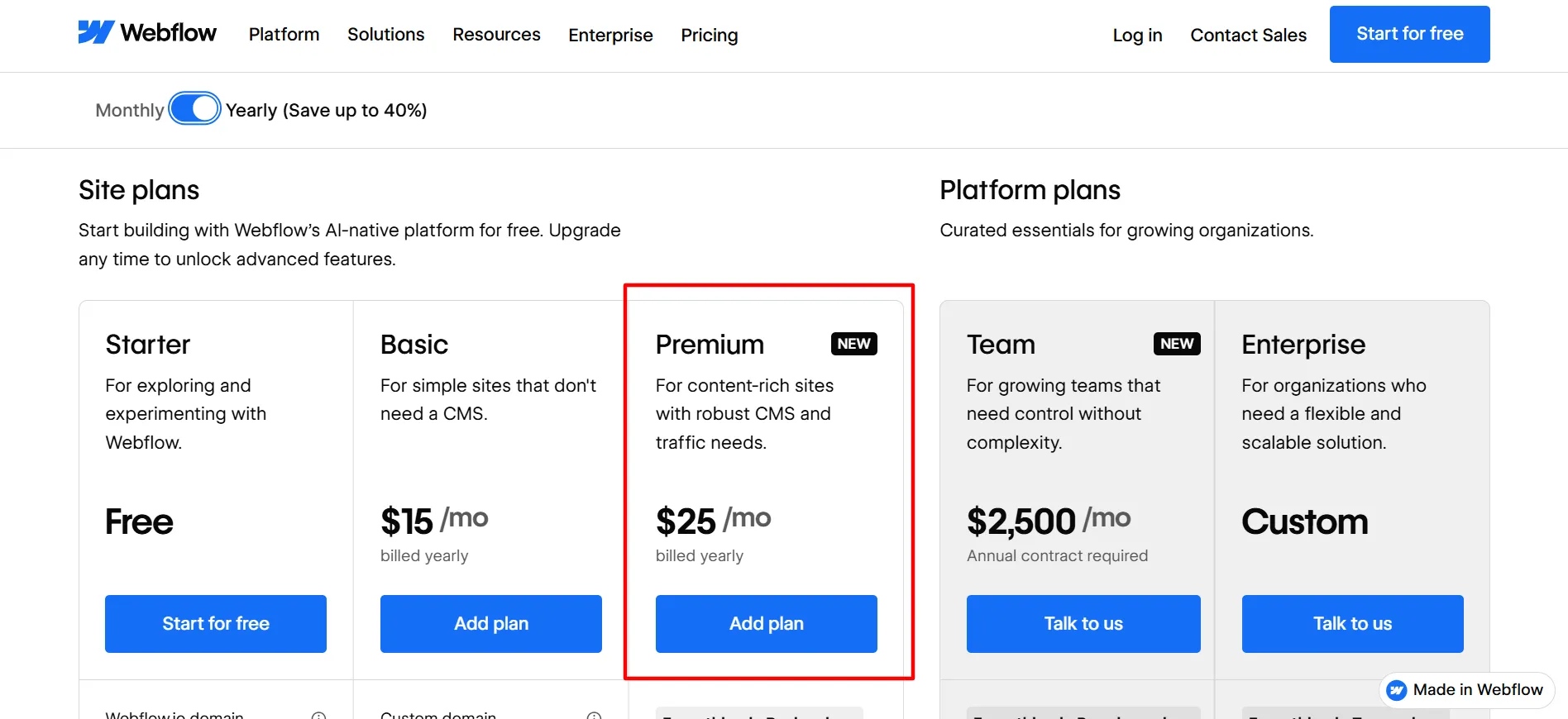 webflow site premium plan