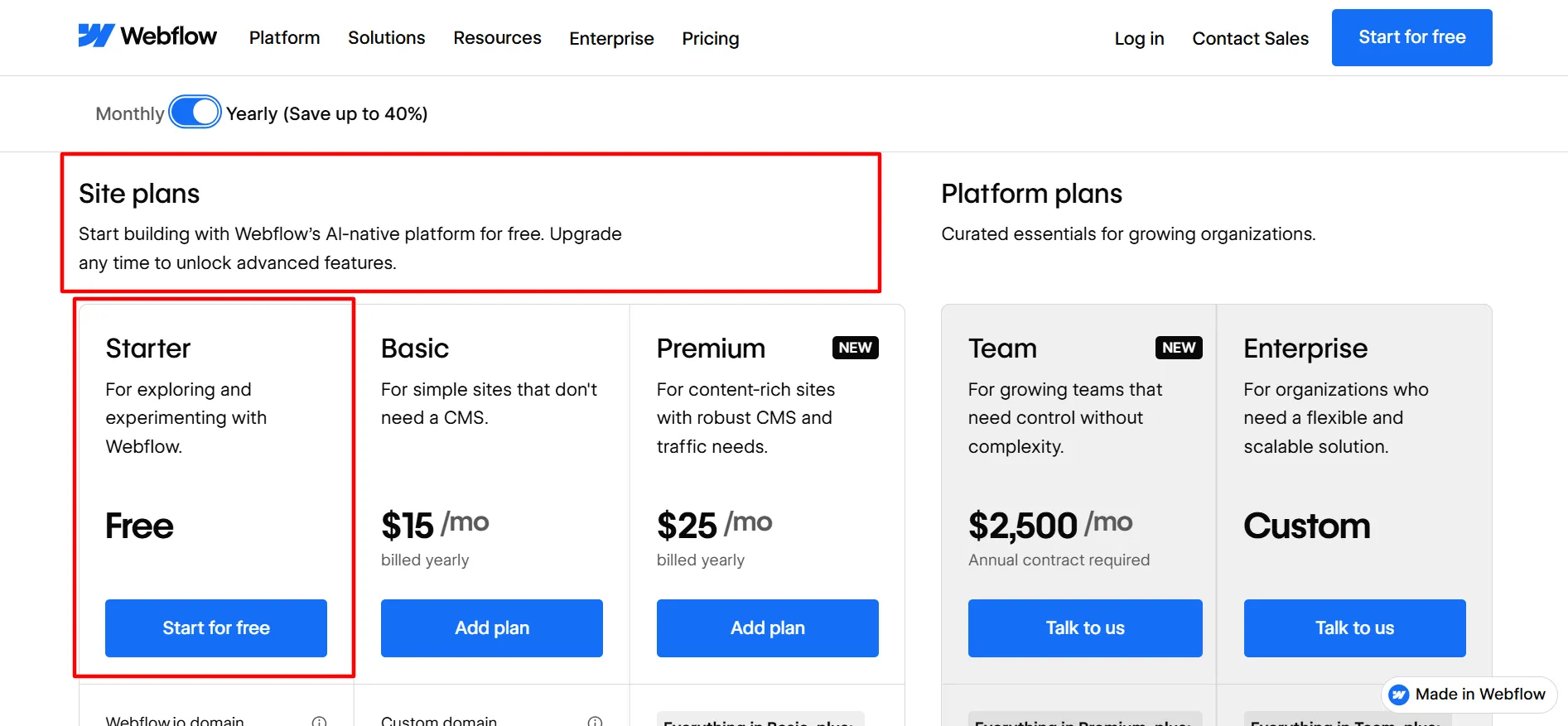 webflow site starter plan