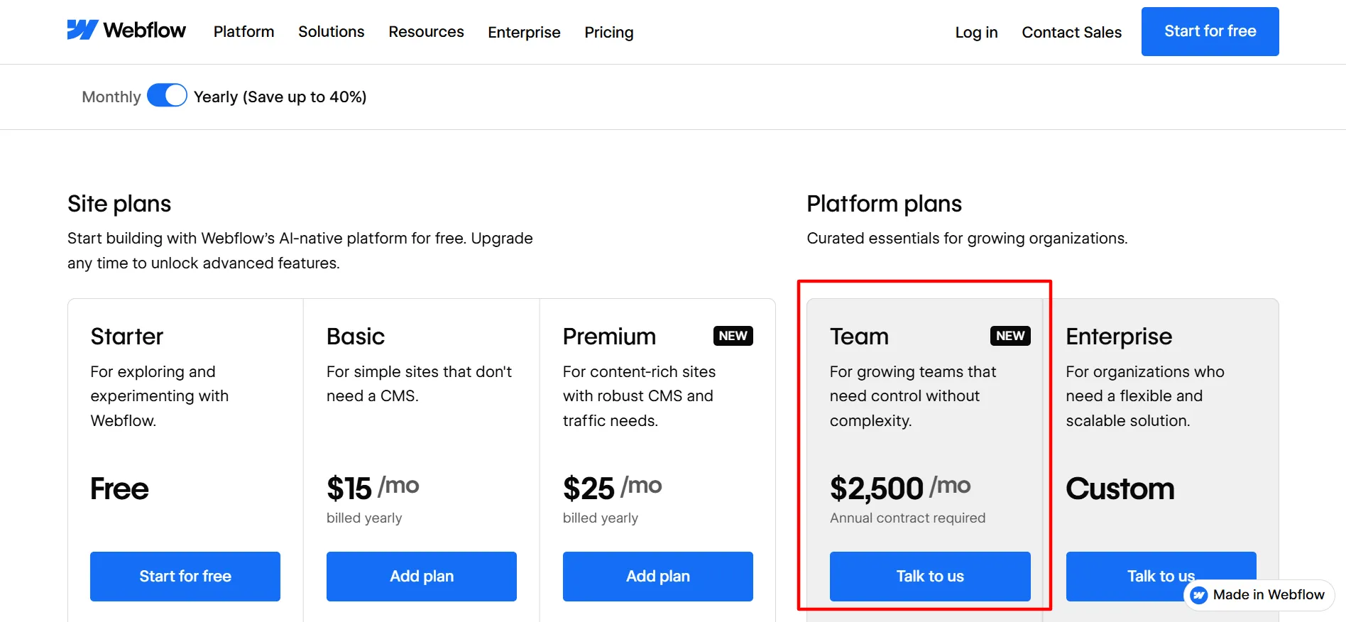 webflow Team plan