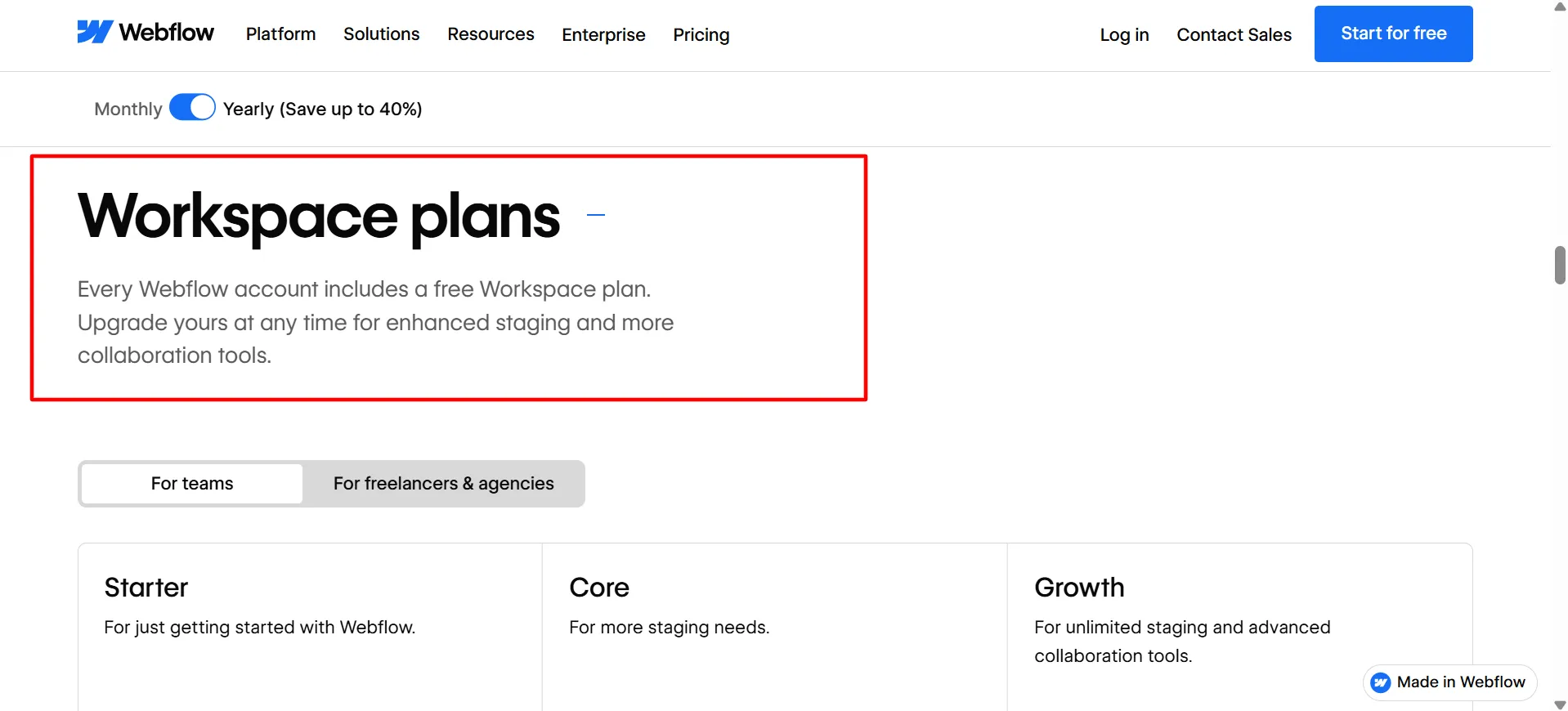 webflow Workspace plan